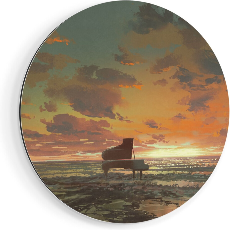 Artaza Dibond Muurcirkel Piano op het Strand bij Zonsondergang - Ø 60 cm - Wandcirkel - Rond Schilderij - Voor Binnen en Buiten afbeelding 1