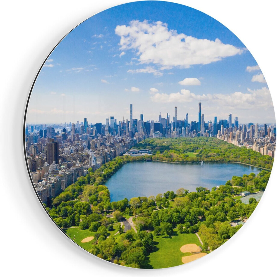 Artaza Dibond Muurcirkel Central Park In New York Met Wolkenkrabbers - Ø 90 cm - Groot - Wandcirkel - Rond Schilderij - Voor Binnen en Buiten afbeelding 1