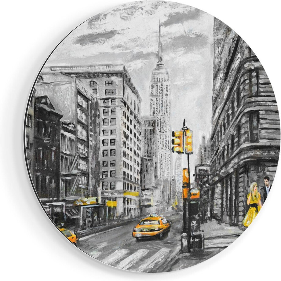 Artaza Dibond Muurcirkel Geschilderde New York Tekening - Zwart Wit - Ø 80 cm - Groot - Wandcirkel - Rond Schilderij - Voor Binnen en Buiten afbeelding 1