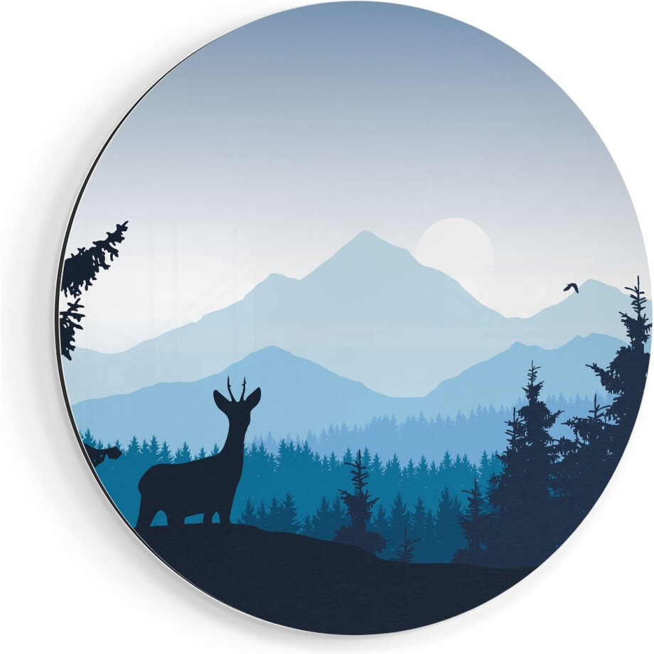 Artaza Dibond Muurcirkel Hert In Het Bos - Silhouet  - Ø 40 cm - Klein - Wandcirkel - Rond Schilderij - Voor Binnen en Buiten afbeelding 1