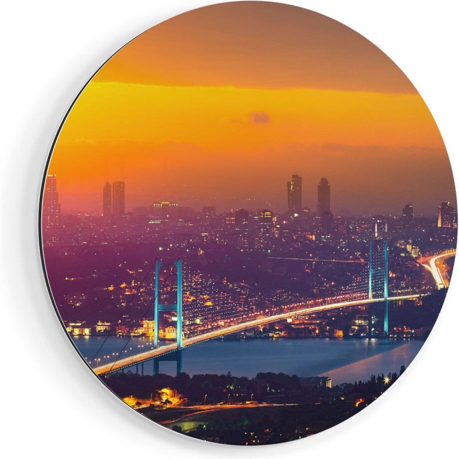 Artaza Dibond Muurcirkel Bosporusbrug In Istanbul Bij Zonsondergang - Ø 40 cm - Klein - Wandcirkel - Rond Schilderij - Voor Binnen en Buiten afbeelding 1