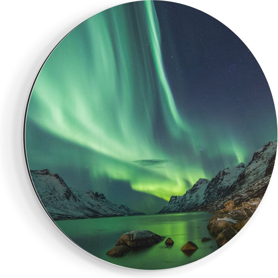 Artaza Dibond Muurcirkel Noorderlicht boven het Water in de Bergen - Ø 40 cm - Klein - Wandcirkel - Rond Schilderij - Voor Binnen en Buiten afbeelding 1