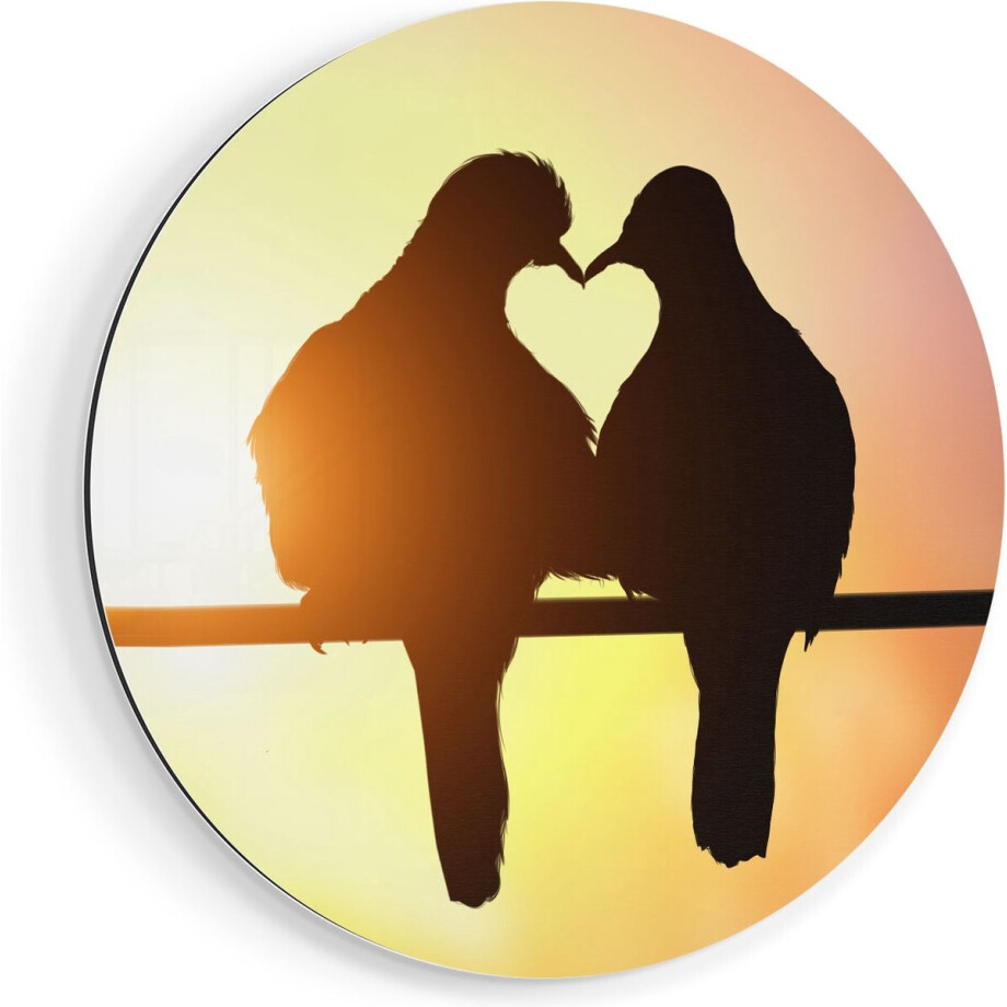 Artaza Dibond Muurcirkel Twee Silhouet Vogels In Een Hart Vorm - Ø 70 cm - Wandcirkel - Rond Schilderij - Voor Binnen en Buiten afbeelding 1