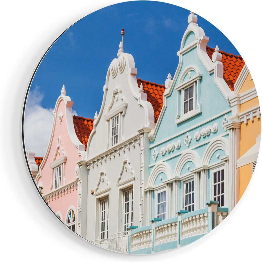 Artaza Dibond Muurcirkel Aruba Kleurrijke Huisjes - Nederlandse Antillen - Ø 50 cm - Klein - Wandcirkel - Rond Schilderij - Voor Binnen en Buiten afbeelding 1