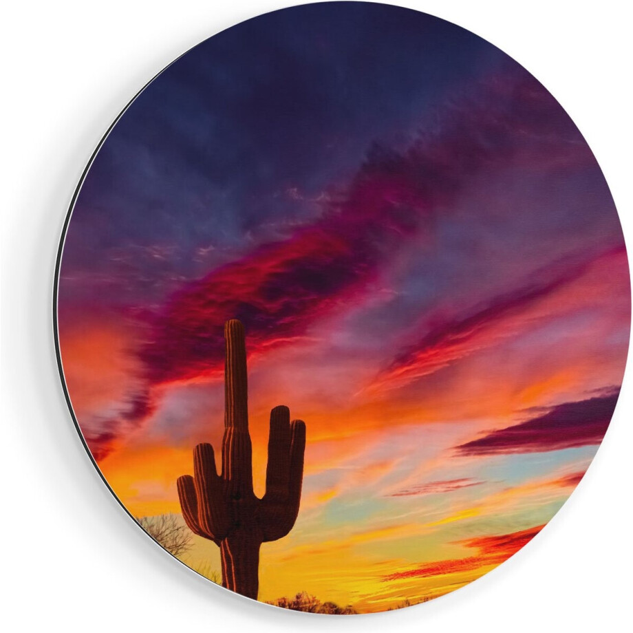 Artaza Dibond Muurcirkel Cactus bij Oranje Zonsondergang - Ø 80 cm - Groot - Wandcirkel - Rond Schilderij - Voor Binnen en Buiten afbeelding 1
