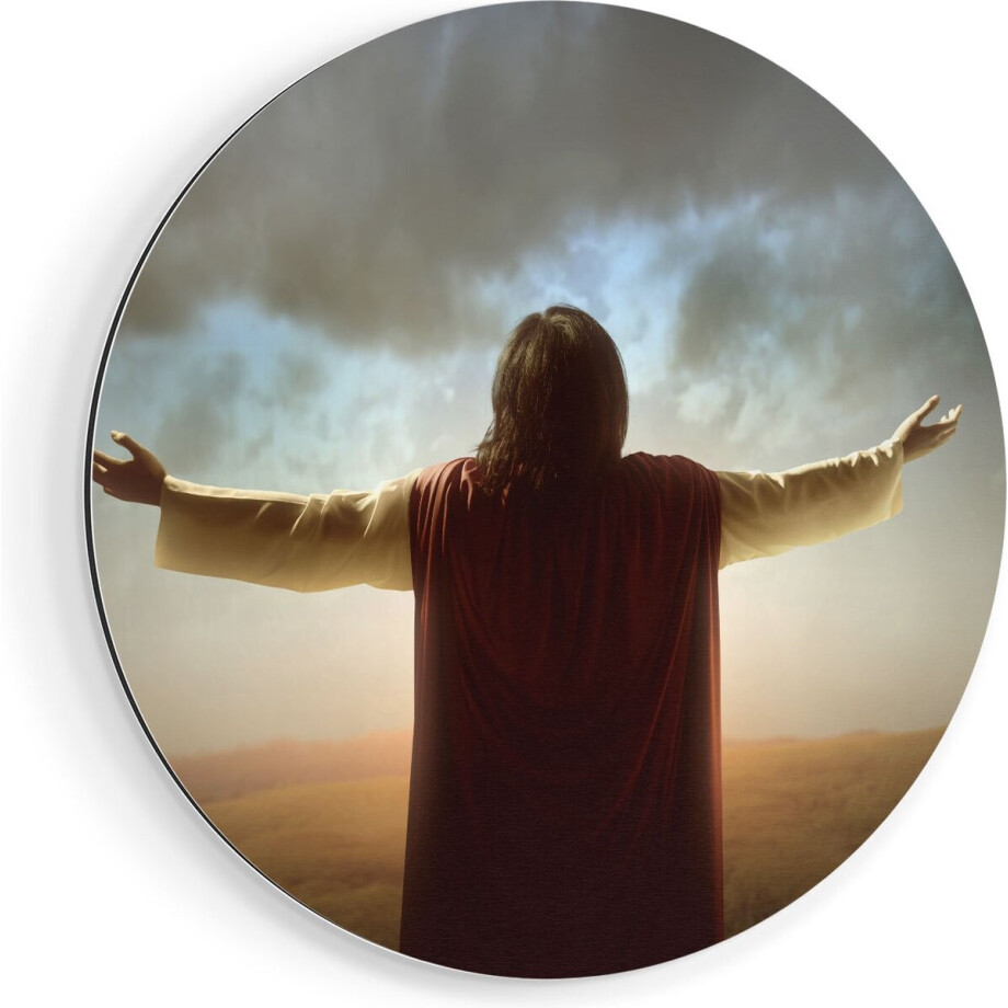 Artaza Dibond Muurcirkel Jezus Christus aan het Bidden bij Zonsopgang - Ø 90 cm - Groot - Wandcirkel - Rond Schilderij - Voor Binnen en Buiten afbeelding 1
