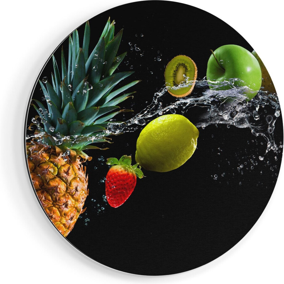 Artaza Dibond Muurcirkel Fruit Met Water Op Zwart Achtergrond - Ø 80 cm - Groot - Wandcirkel - Rond Schilderij - Voor Binnen en Buiten afbeelding 1