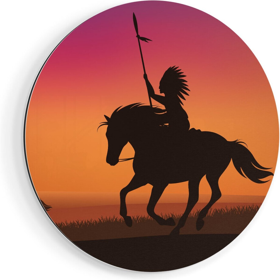 Artaza Dibond Muurcirkel Silhouet van een Indiaan op een Paard - Ø 90 cm - Groot - Wandcirkel - Rond Schilderij - Voor Binnen en Buiten afbeelding 1