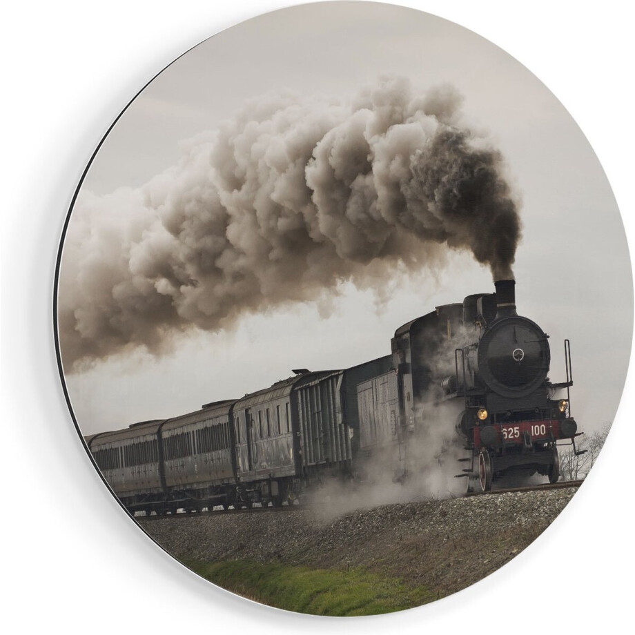 Artaza Dibond Muurcirkel Locomotief Trein met Rook Wolken - Ø 40 cm - Klein - Wandcirkel - Rond Schilderij - Voor Binnen en Buiten afbeelding 1