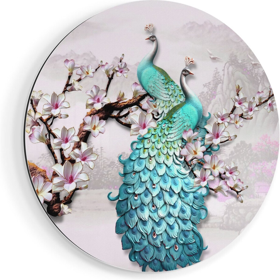 Artaza Dibond Muurcirkel Twee Blauwe Pauwen - Abstract - Ø 40 cm - Klein - Wandcirkel - Rond Schilderij - Voor Binnen en Buiten afbeelding 1