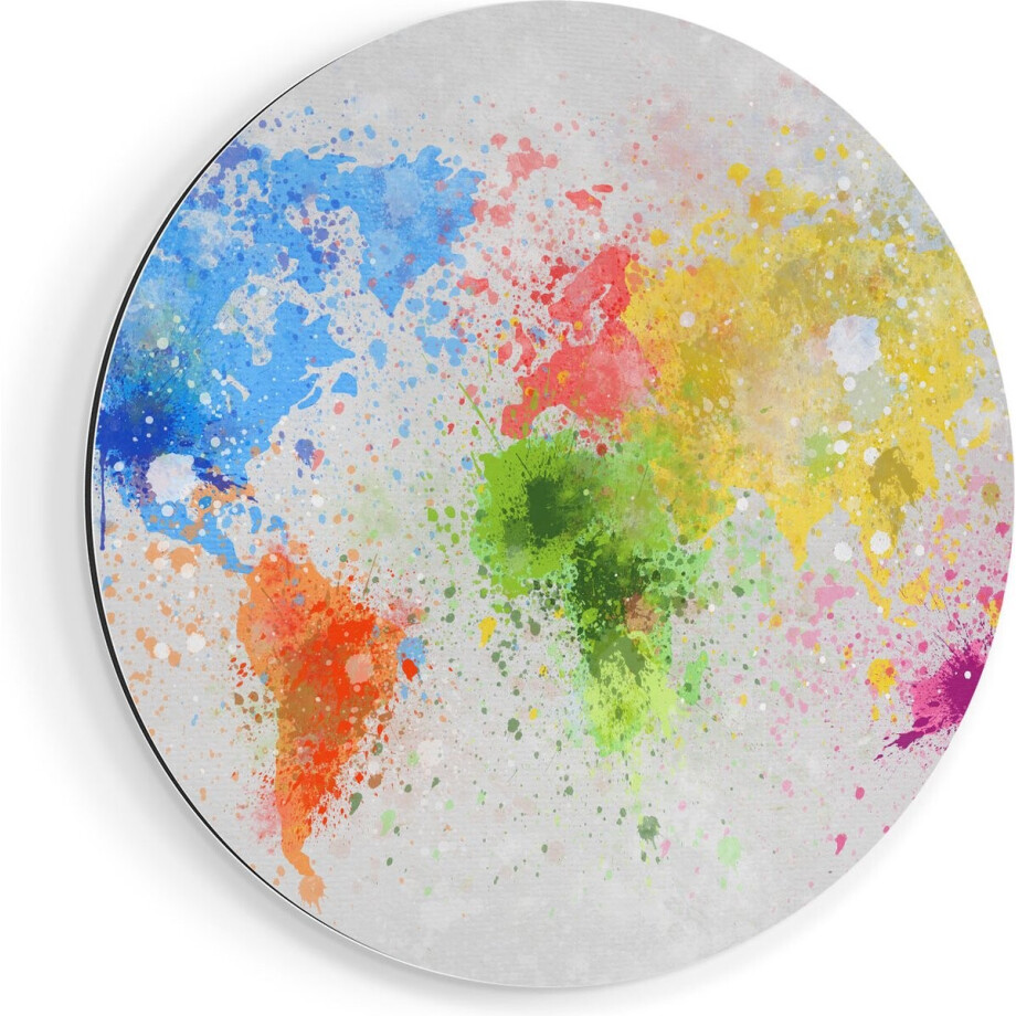Artaza Dibond Muurcirkel Wereldkaart Met Verfvlekken - Abstract - Ø 80 cm - Groot - Wandcirkel - Rond Schilderij - Voor Binnen en Buiten afbeelding 1