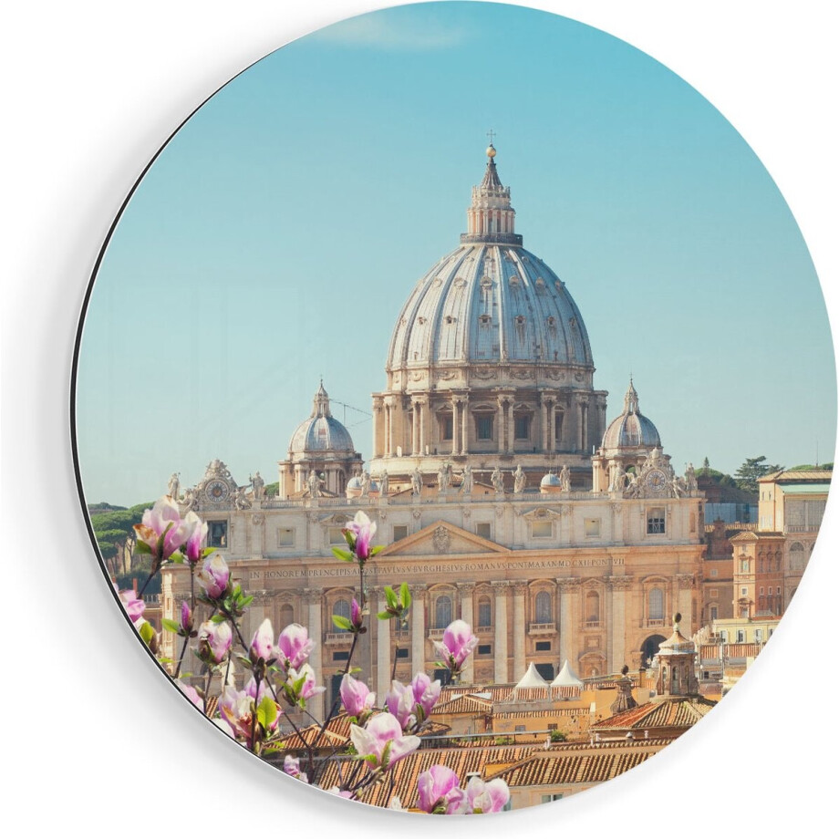 Artaza Dibond Muurcirkel Sint Pietersbasiliek in Rome met Bloemen - Ø 90 cm - Groot - Wandcirkel - Rond Schilderij - Voor Binnen en Buiten afbeelding 1