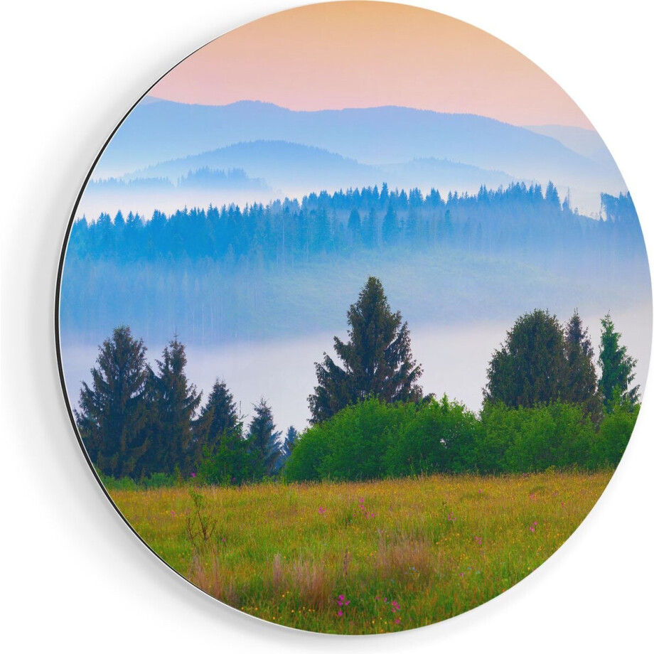 Artaza Dibond Muurcirkel Mistige Heuvel Landschap Met Bossen - Ø 60 cm - Wandcirkel - Rond Schilderij - Voor Binnen en Buiten afbeelding 1