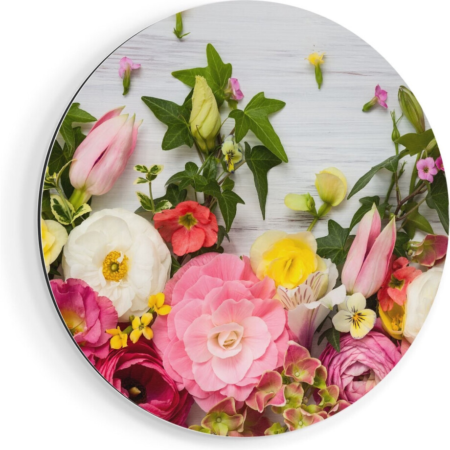 Artaza Dibond Muurcirkel Bloemen Op Een Witte Houten Achtergrond - Ø 90 cm - Groot - Wandcirkel - Rond Schilderij - Voor Binnen en Buiten afbeelding 1