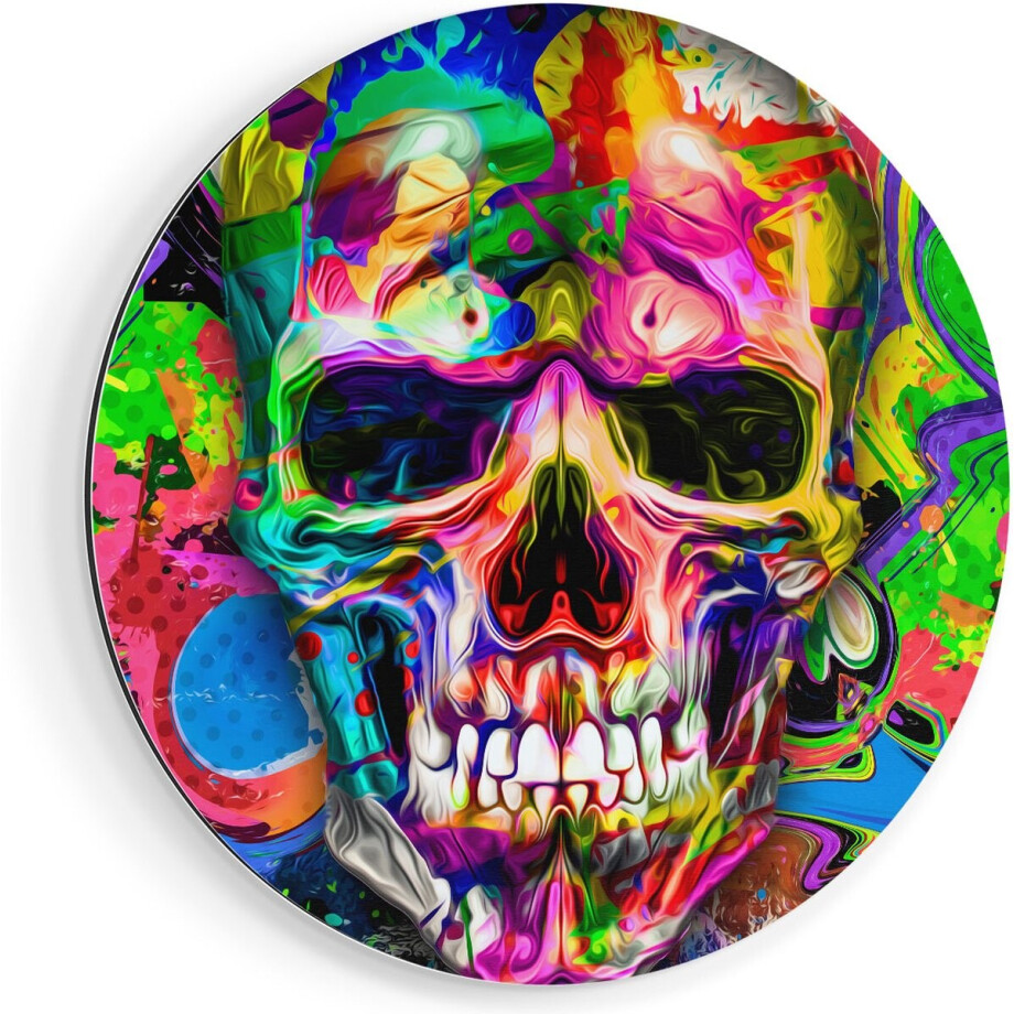 Artaza Dibond Muurcirkel Gekleurde Schedel - Doodskop - Doodshoofd - Ø 60 cm - Wandcirkel - Rond Schilderij - Voor Binnen en Buiten afbeelding 1
