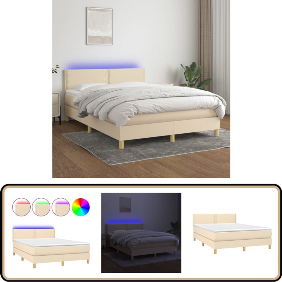 vidaXL Boxspring met LED - crème - 140x200 cm Boxspring Bed - Creme Bed - Verstelbare Hoofdbord - Led Verlichting - Pocketvering Matras vidaXL Boxspring met LED - crème - 140x200 cm Boxspring Bed - Creme Bed - Verstelbare Hoofdbord - Led Verlichting - Pocketvering Matras afbeelding 1