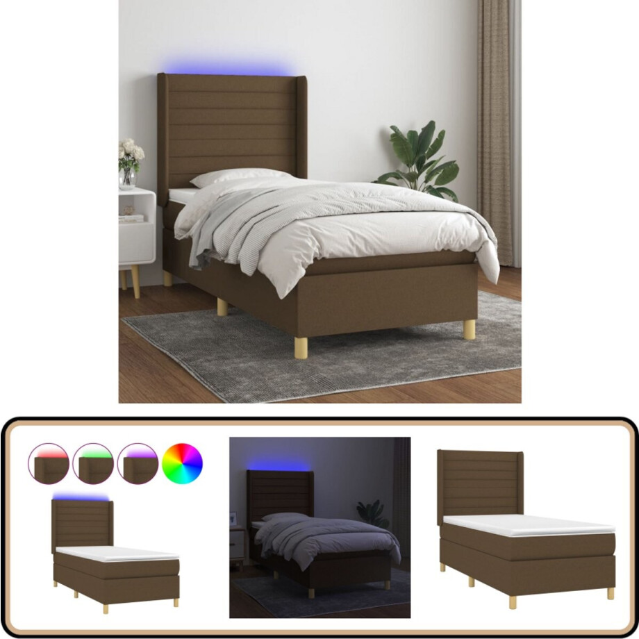 vidaXL Boxspring LED donkerbruin 90x190 cm Boxspring - Led Bed - Donkere Bruine Boxspring - Tweepersoons Bed - Boxspring Met Led afbeelding 1
