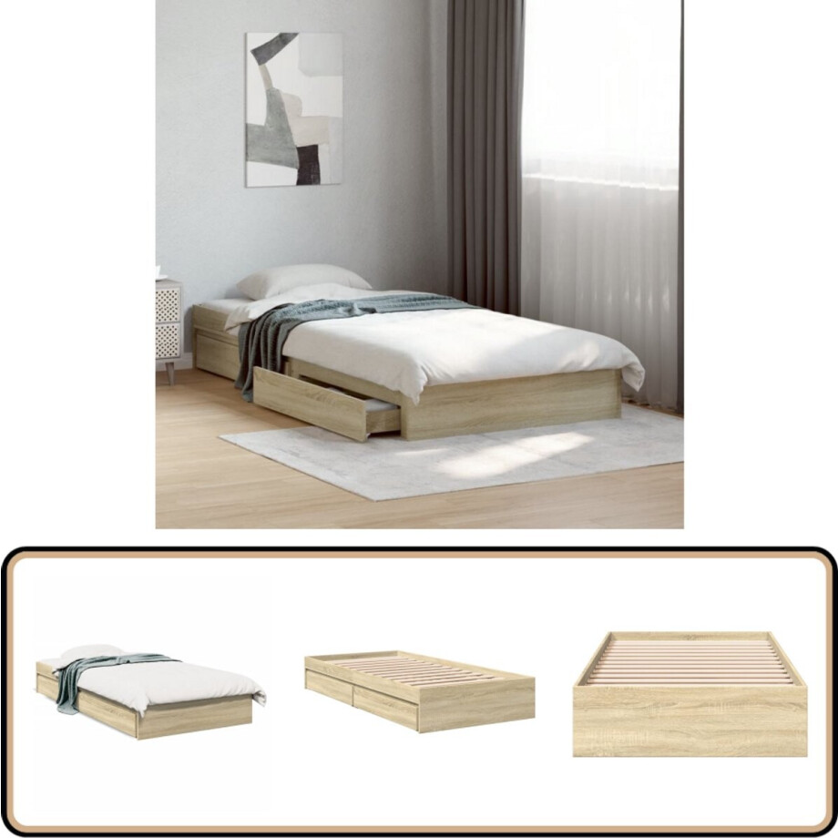 vidaXL - Bedframe - met - lades - bewerkt - hout - sonoma - eikenkleurig - 100x200 - cm vidaXL - Bedframe - met - lades - bewerkt - hout - sonoma - eikenkleurig - 100x200 - cm afbeelding 1