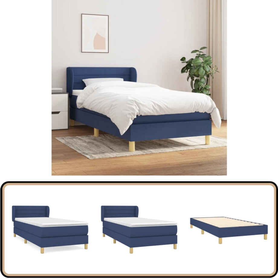 vidaXL Boxspring - Blauw - 100x200 cm - Met Matras Boxspringbed - Pocketvering - Verstelbare Hoofdbord - Middelhard Matras - Blauwe Boxspring afbeelding 1