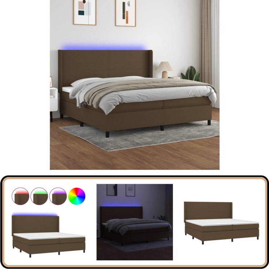 vidaXL Boxspring met LED - Donkerbruin - 200x200 cm Boxspring Bed - Donkere Bruine Boxspring - Led Boxspring - Pocketed Spring Mattress - Adjustable Headboard afbeelding 1