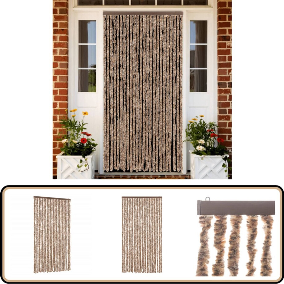 vidaXL Vliegengordijn - 100x220 cm - Chenille - Beige/Donkerbruin Vliegengordijn - Chenille - Deurgordijn - Anti-muggendoor - Privacy Screen afbeelding 1