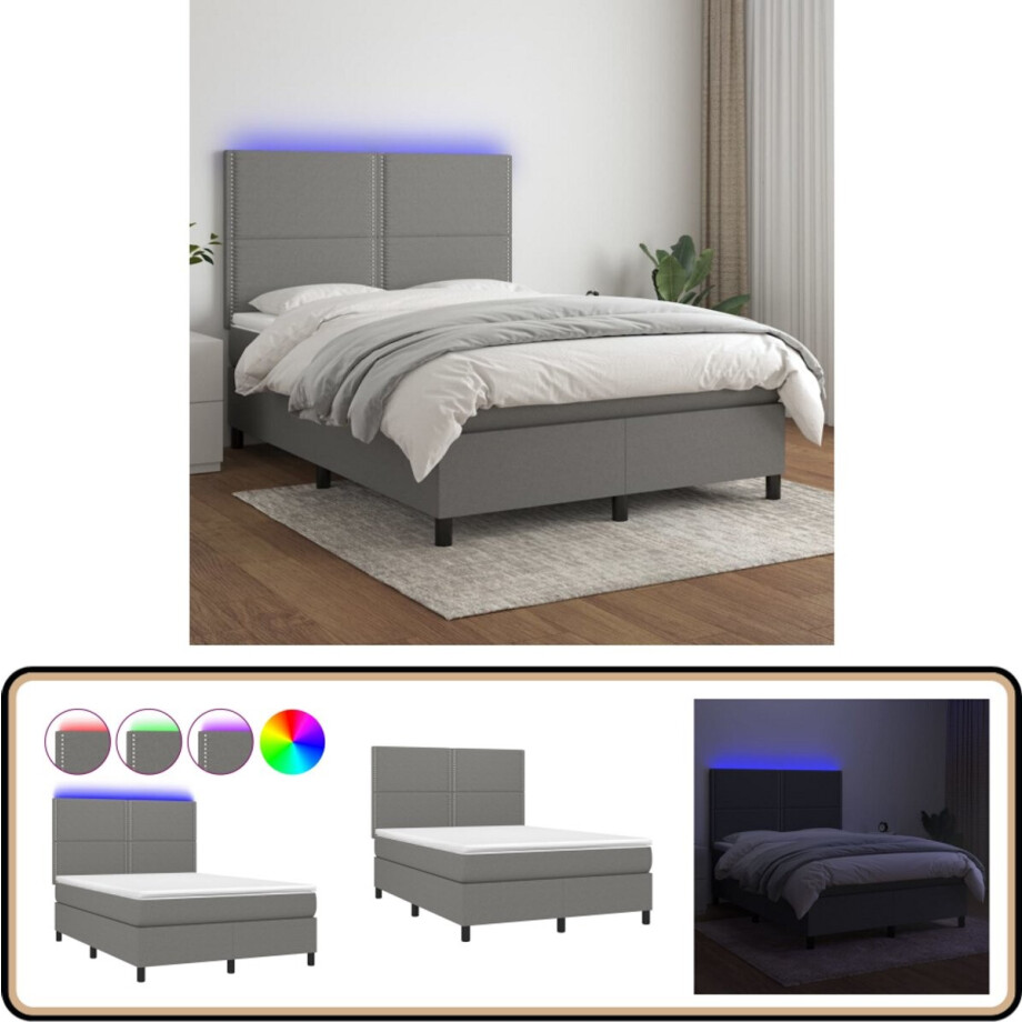 vidaXL Boxspring - Donkergrijs - 140x200 cm - LED Boxspring - Led Bed - Donkere Grijze Boxspring - Adjustable Headboard - Pocketveer Matras afbeelding 1