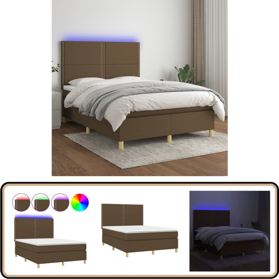 vidaXL Boxspring met matras en LED - 140x200 cm Boxspring - Donkere Kleuren - Led Lampen - Pocketed Veren - Hoofdbord afbeelding 1