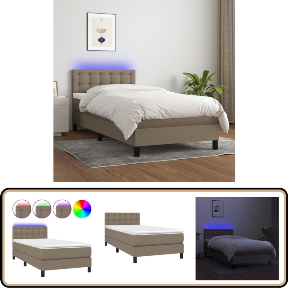 vidaXL Boxspring met matras en LED - Taupe - 90x190 cm Boxspring - Led Bed - Pocketveer Matras - Taupe Bed - Tweepersoons Bed vidaXL Boxspring met matras en LED - Taupe - 90x190 cm Boxspring - Led Bed - Pocketveer Matras - Taupe Bed - Tweepersoons Bed afbeelding 1