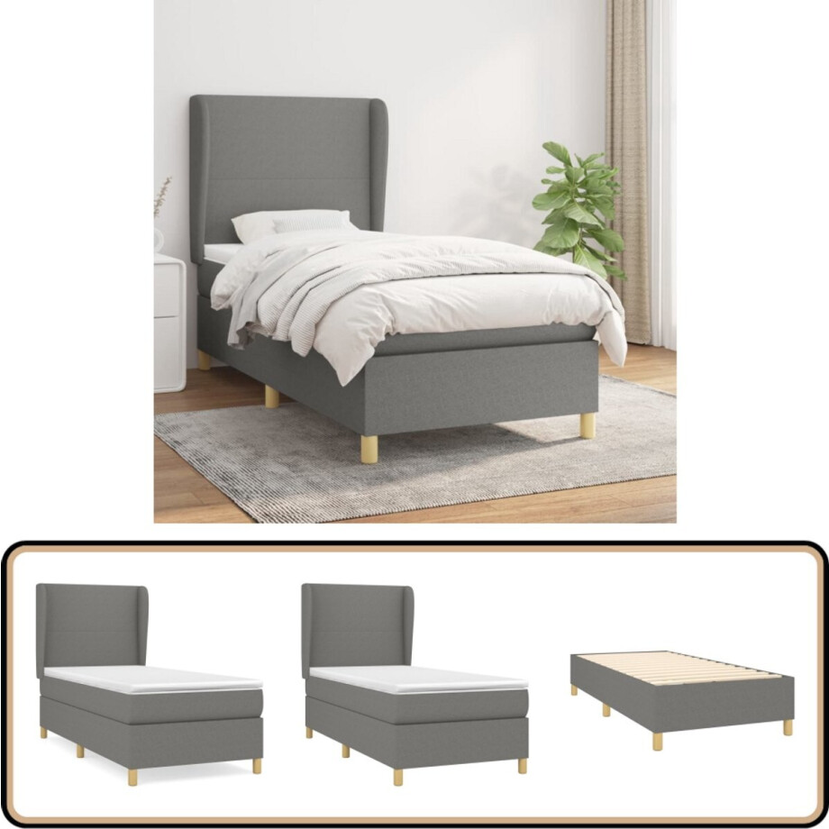 vidaXL Boxspring - Stof - Donkergrijs - 90x190 cm Boxspring Bed - Donkere Kleuren - Boxspring Frame - Pocketed Spring Mattress - Adjustable Headboard afbeelding 1