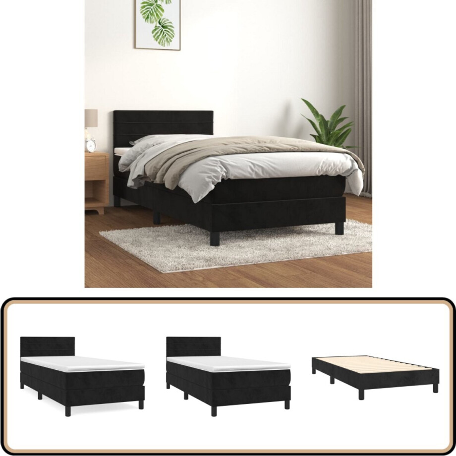 vidaXL Boxspring - Fluweel - Zwart - 100x200 cm Boxspringbed - Zwarte Boxspring - Velvet Boxspring - Verstelbare Hoofdbord - Pocketveer Matras afbeelding 1
