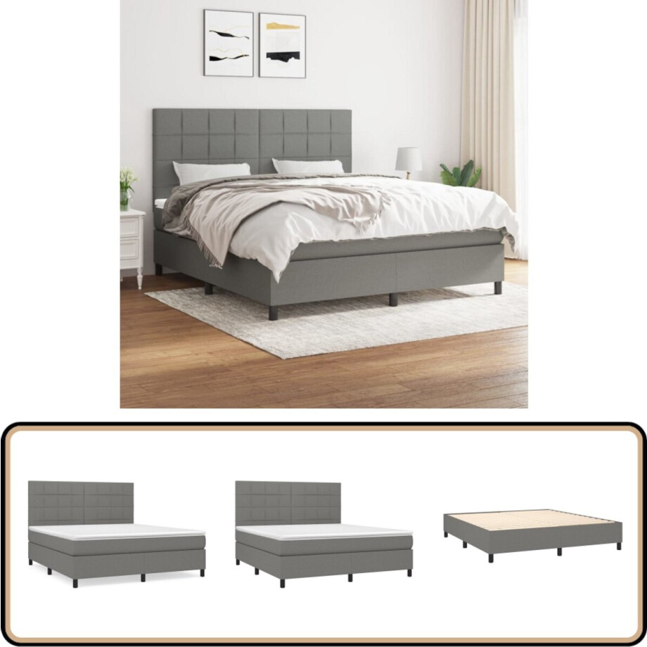 vidaXL Boxspring - Donkergrijs - 160x200 cm - Inclusief matras Boxspring - Bed Frame - Slaapkamer Meubels - Tweepersoons Bed - Grijs Bed afbeelding 1