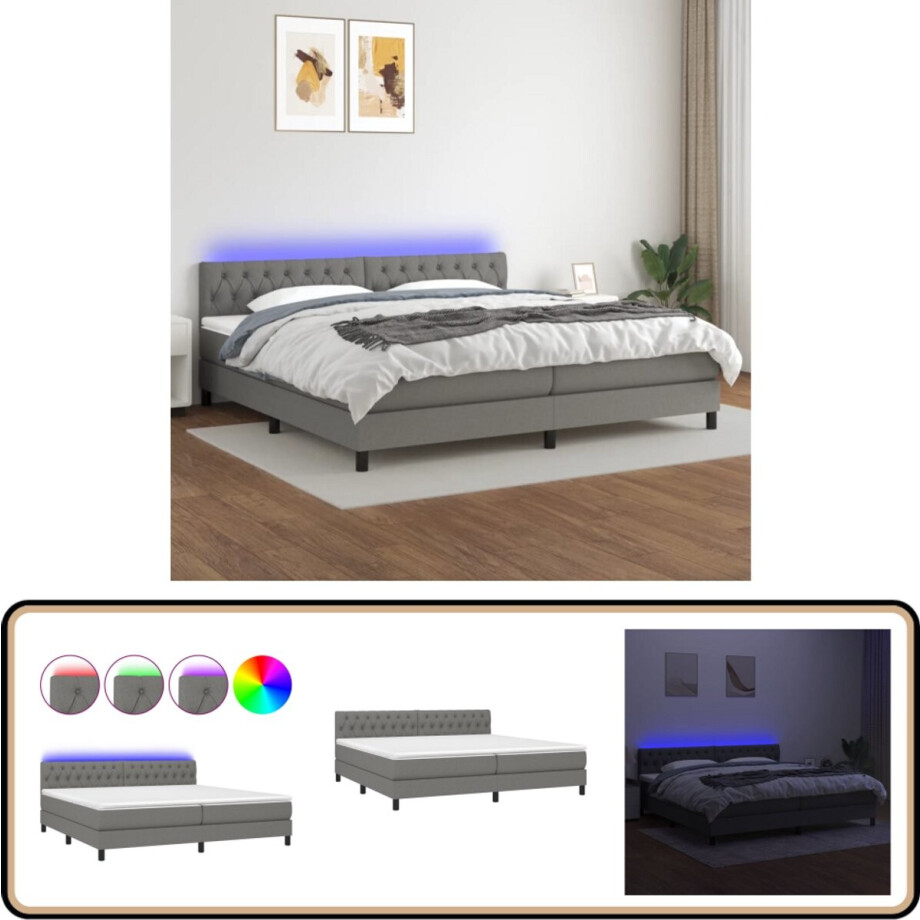 vidaXL Boxspring - Donkergrijs - 200x200 cm - Inclusief LED Boxspring - Donkere Kleuren - Led Lampen - Elektrisch Verstelbare Hoofdbord - Pocketed Veren Matras afbeelding 1