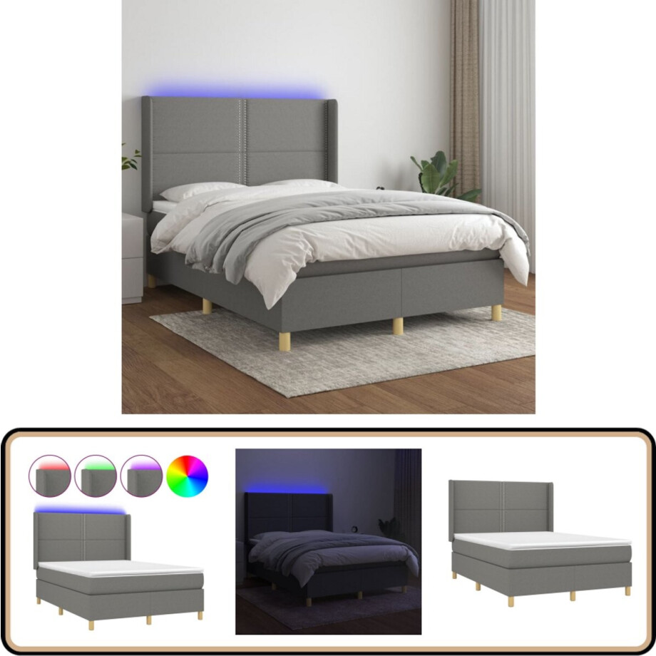 vidaXL Boxspring met matras en LED - 140x200 cm Boxspring Bed - Donkere Grijze Boxspring - Led Boxspring - Slaapcomfort - Pocketed Veren Matras afbeelding 1