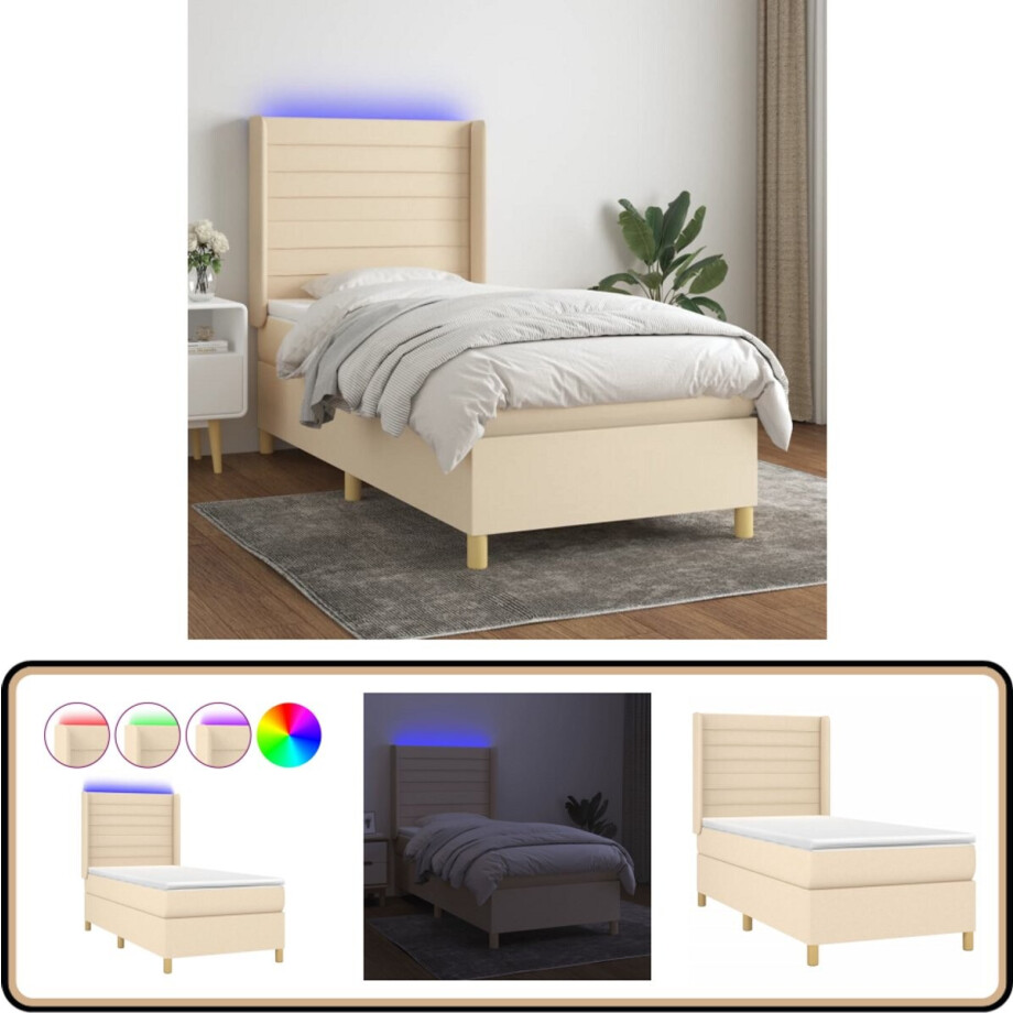 vidaXL Boxspring met LED 90x190 cm - Crème Boxspring - Led Boxspring - Boxspring Frame - Creme Boxspring - Pocketveer Matras afbeelding 1