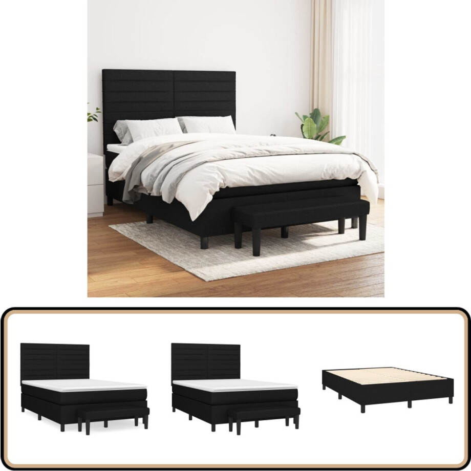 vidaXL Boxspring met matras - 140x200 cm - Zwart Boxspringbed - Bed Met Hoofdbord - Tweepersoonsbed - Zwarte Bed - Boxspring afbeelding 1