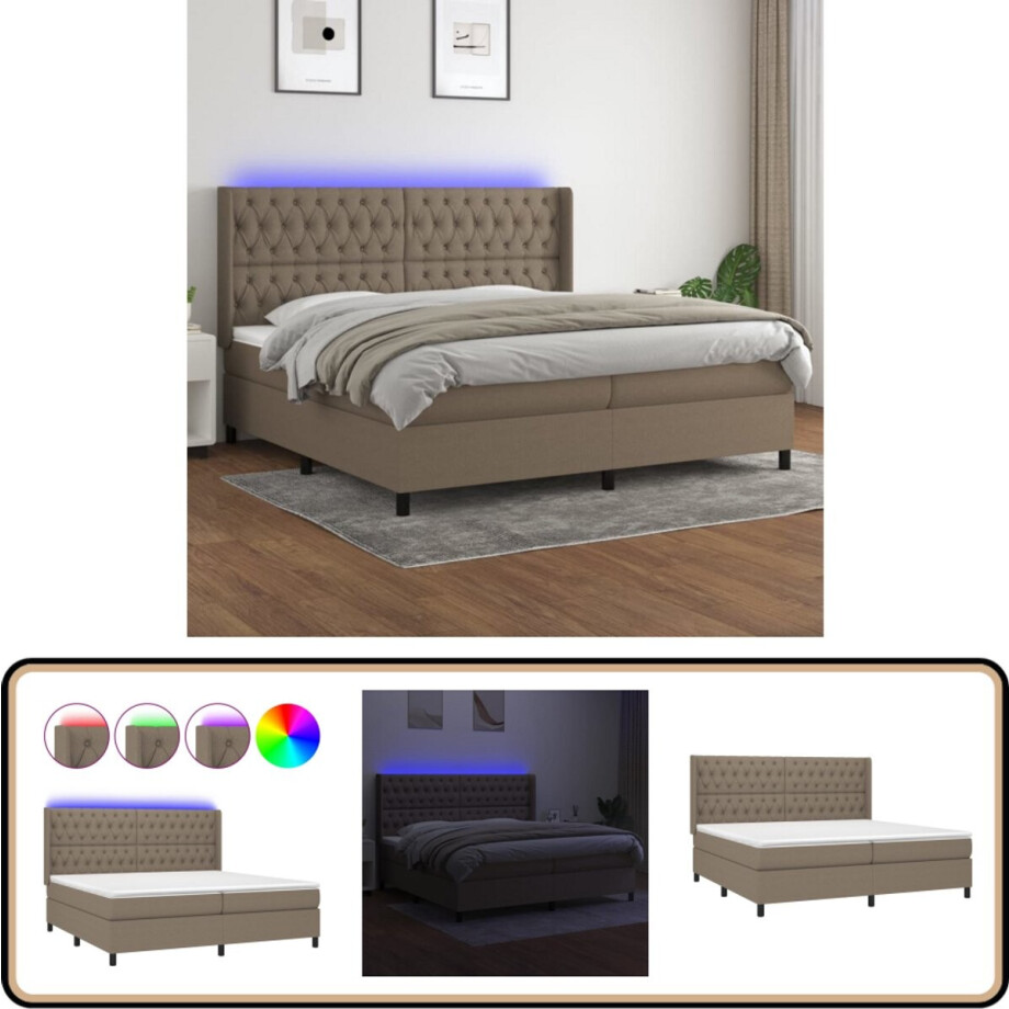 vidaXL Boxspring met matras en LED - Taupe - 200x200 cm Boxspring - Led Bed - Boxspring Bed - Verstelbare Hoofdbord - Pocketvering Matras afbeelding 1