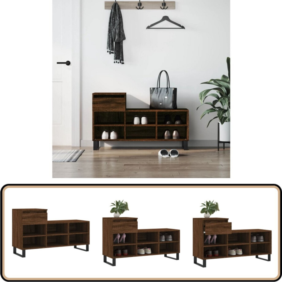 vidaXL - Schoenenkast - 102x36x60 - cm - bewerkt - hout - bruin - eikenkleur vidaXL - Schoenenkast - 102x36x60 - cm - bewerkt - hout - bruin - eikenkleur afbeelding 1