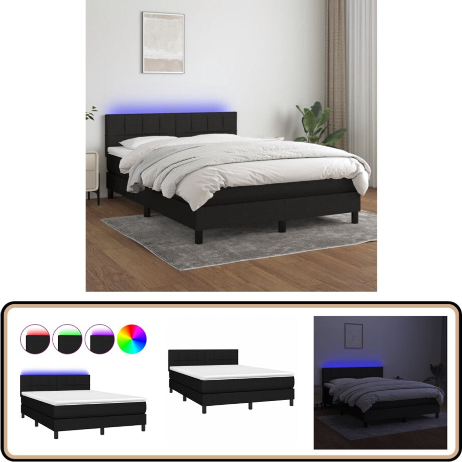 vidaXL Boxspring met LED 140x190 cm - Zwart Boxspring - Led Lamp - Boxspring Met Led - Slaapcomfort - Tweepersoonsbed vidaXL Boxspring met LED 140x190 cm - Zwart Boxspring - Led Lamp - Boxspring Met Led - Slaapcomfort - Tweepersoonsbed afbeelding 1