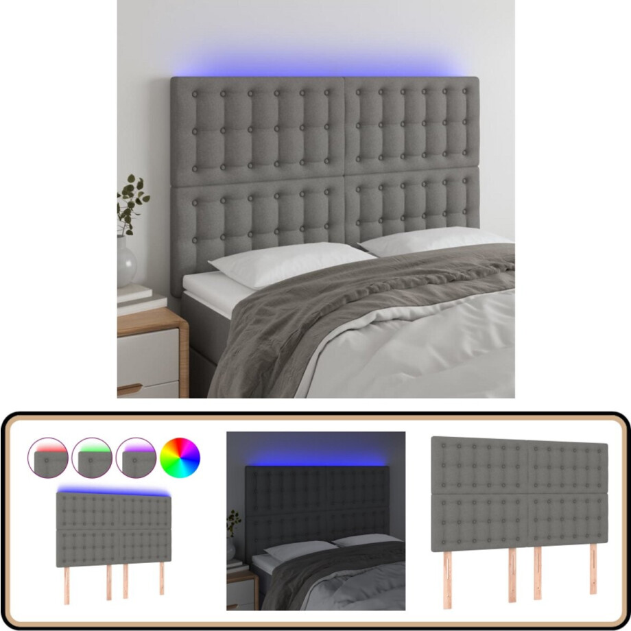 vidaXL Hoofdbord LED - Stof - Donkergrijs - 144x5x128 cm Hoofdboard - Led Hoofdbord - Hoofdkussen - Slaap Accessoires - Bedroom Decor afbeelding 1