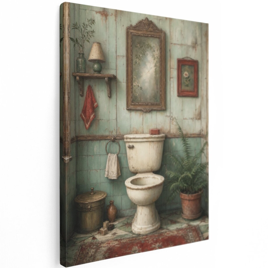 Artaza Canvas Schilderij Vintage Toilet - Groene Badkamersfeer - 60x80 cm - Wanddecoratie Woonkamer - Schilderijen - Muurdecoratie afbeelding 1