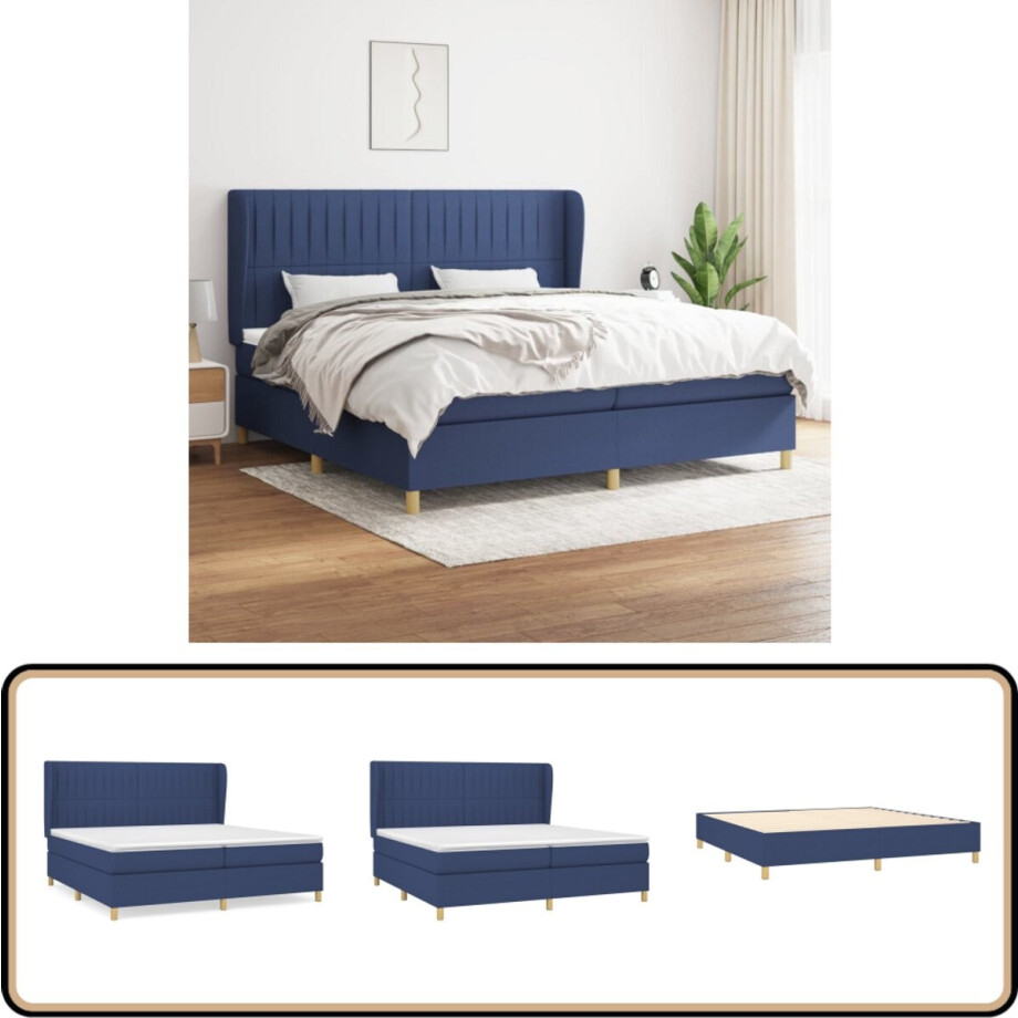 vidaXL Boxspring - Stof - Blauw - 200x200 cm Boxspringbed - Slaapcomfort - Pocketveermatras - Hoofdboard - Blauwe Kamer afbeelding 1