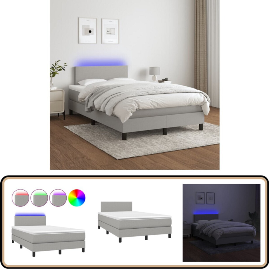 vidaXL Boxspring met LED lichtgrijs 120x200 cm Boxspring - Led Lamp - Tweepersoonsbed - Grijs Bed - Boxspring Frame afbeelding 1