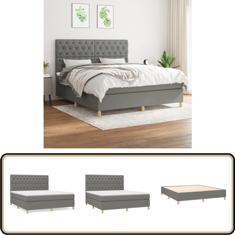 vidaXL Boxspring - Donkergrijs - 160x200 cm Boxspringbed - Slaapcomfort - Pocketvering Matras - Middenhard - Grijs afbeelding 1