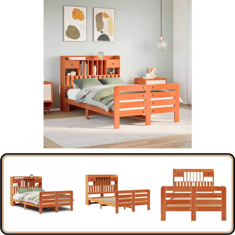 vidaXL Bed met boekenkast zonder matras grenenhout wasbruin 135x190 cm afbeelding 1