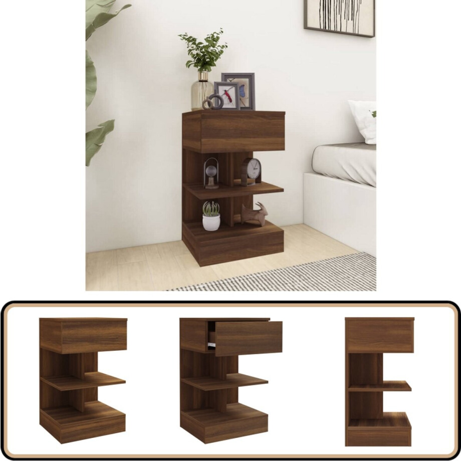 vidaXL Nachtkastje - 40x35x65 cm - Bruin Eiken Nachtkastje - Houten Nachtkastje - Bruine Eiken Meubilair - Slaapkamermeubelen - Bergruimte afbeelding 1