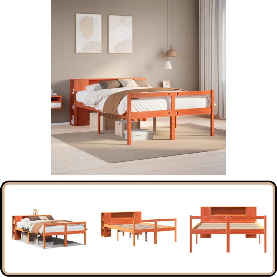 vidaXL Bed met boekenkast zonder matras hout wasbruin 140x200 cm afbeelding 1