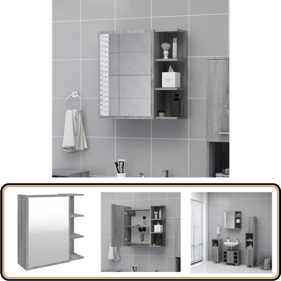vidaXL Badkamerspiegelkast 62,5x20,5x64 cm bewerkt hout grijs sonoma afbeelding 1