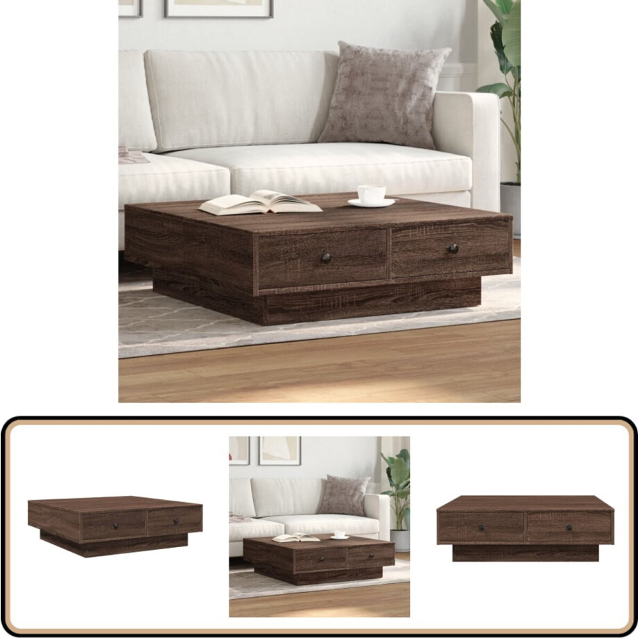 vidaXL - Salontafel - 90x90x28 - cm - bewerkt - hout - bruin - eikenkleur vidaXL - Salontafel - 90x90x28 - cm - bewerkt - hout - bruin - eikenkleur afbeelding 1