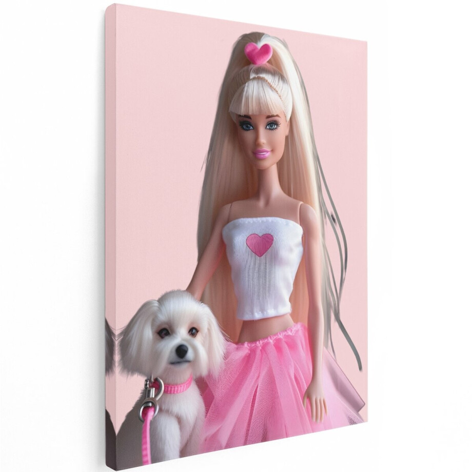 Artaza Canvas Schilderij Pop Art Barbie - 30x40 cm - Wanddecoratie Kinderkamer - Muurdecoratie Hondje - Schilderijen Op Canvas Roze afbeelding 1