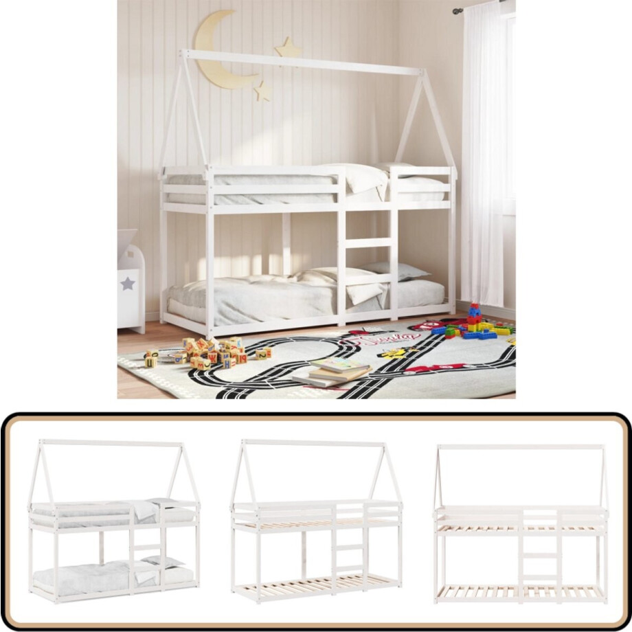 vidaXL Stapelbed met dak massief grenenhout wit 90x200 cm vidaXL Stapelbed met dak massief grenenhout wit 90x200 cm afbeelding 1